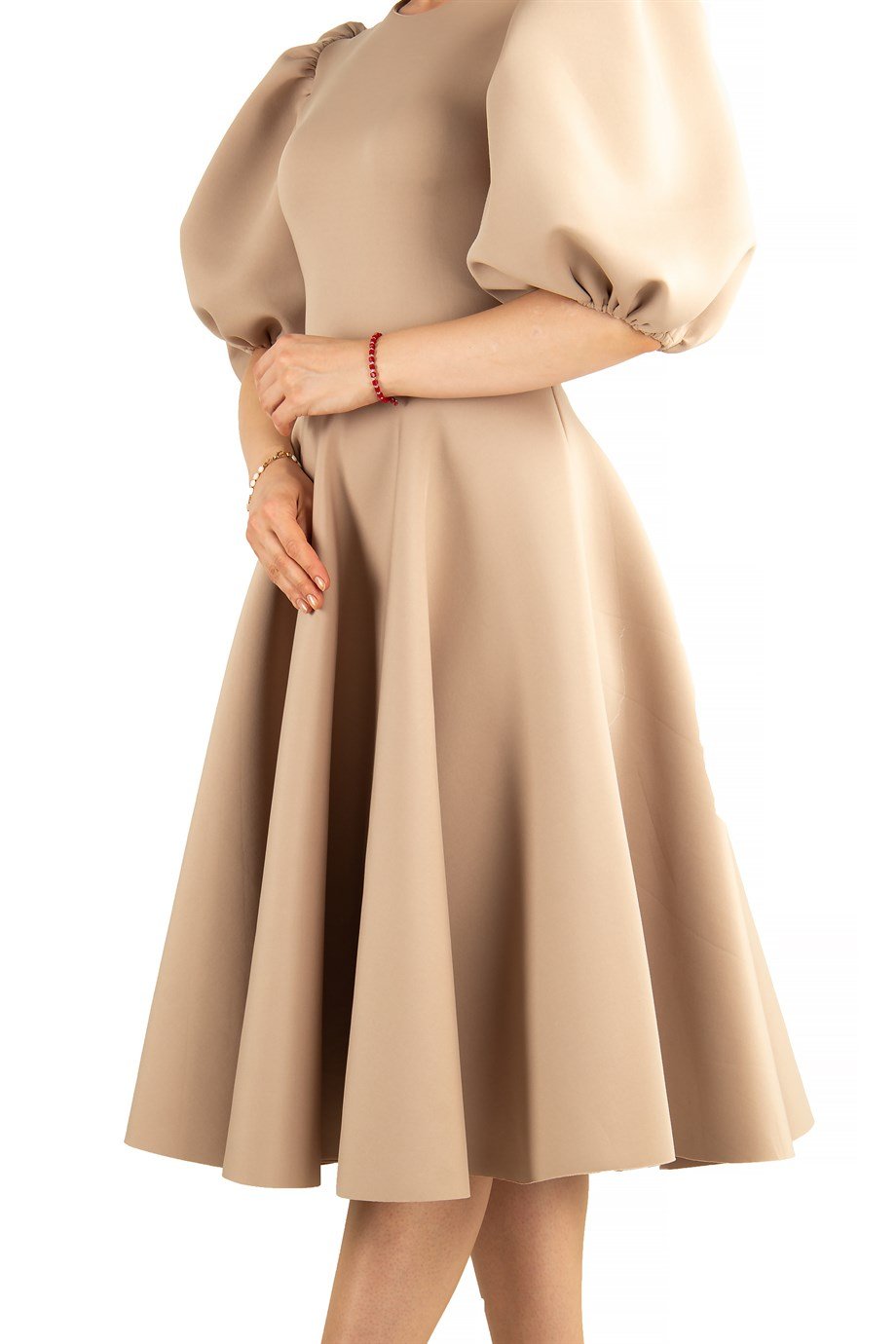 Bishop Sleeve Scuba Dress - Beige - Wholesale Womens Clothing