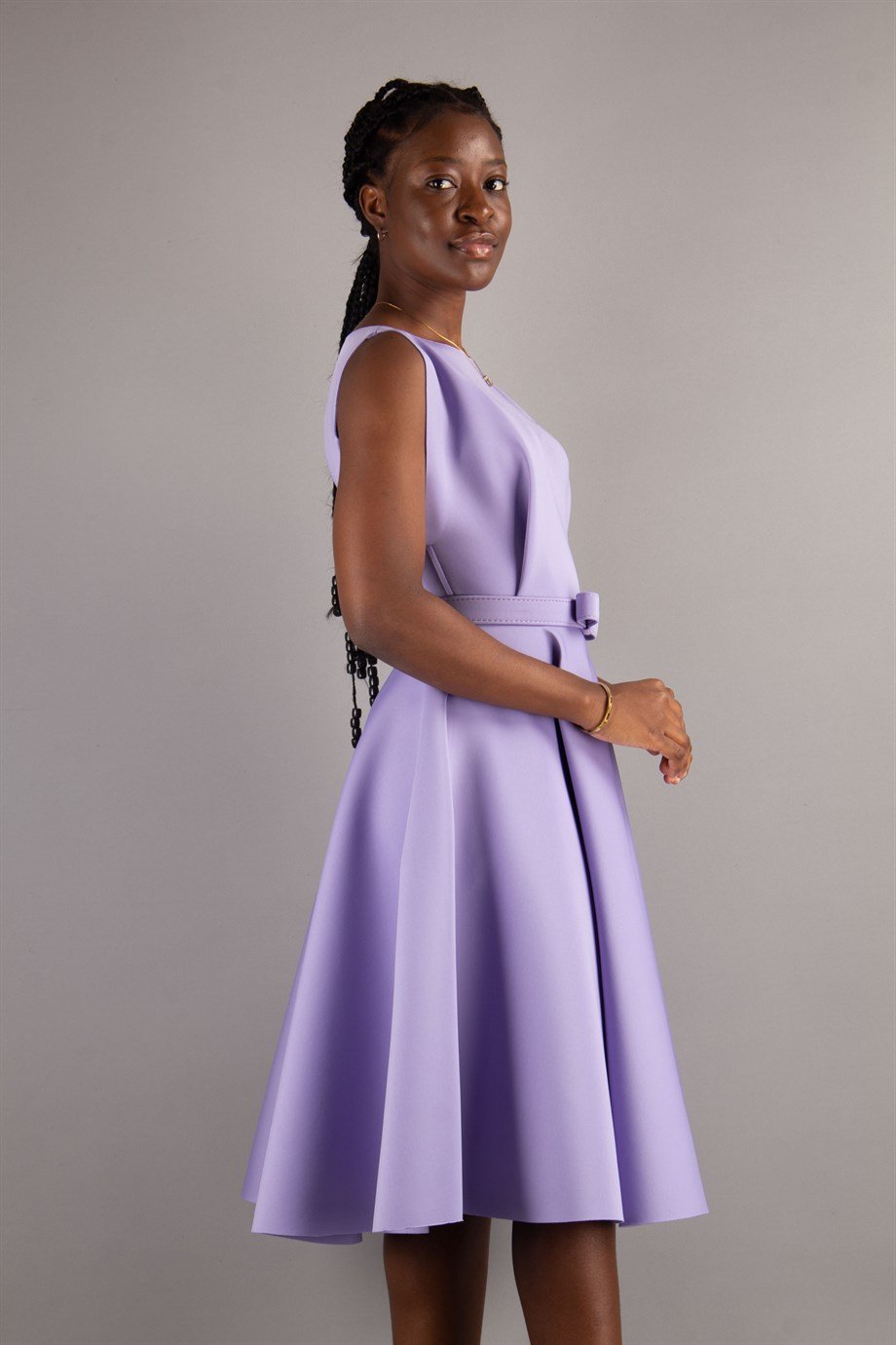 Boat Neck Sleeveless Flare Scuba Dress - Lilac - Wholesale Womens
