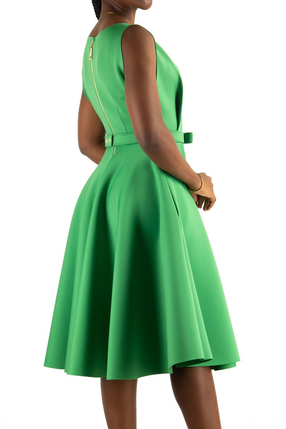 Boat Neck Sleeveless Flare Scuba Dress - Grass Green - Wholesale