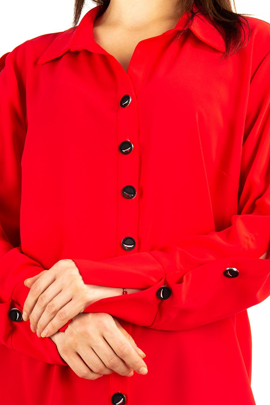 Button Sleeve Detail Womens Big Size Shirt - Red - Wholesale Womens Clothing  Vendors For Boutiques