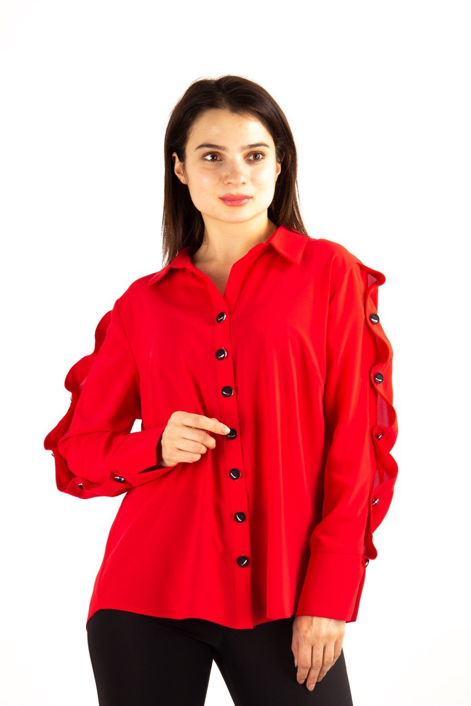 Button Sleeve Detail Womens Big Size Shirt - Red - Wholesale Womens Clothing  Vendors For Boutiques