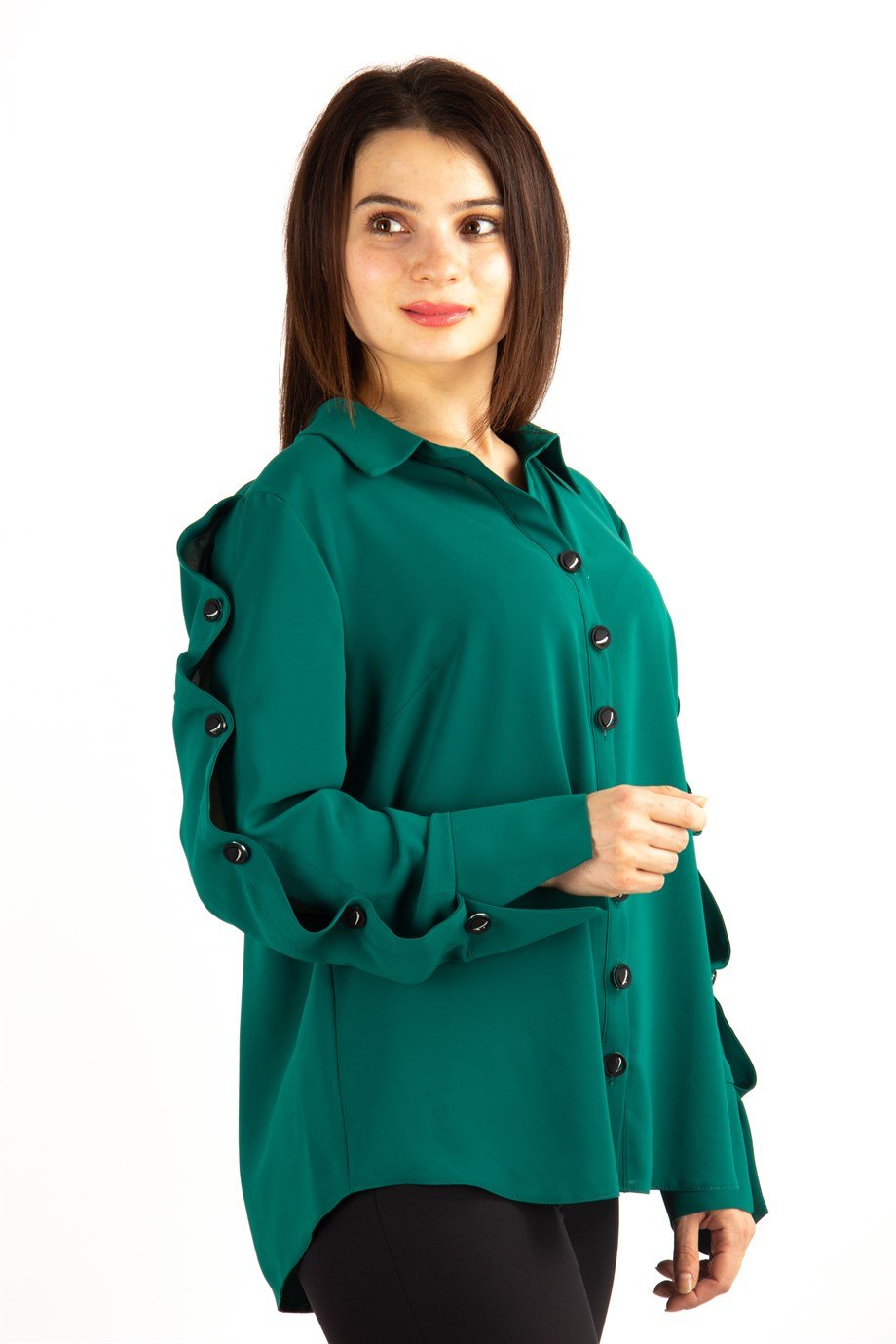 Button Sleeve Detail Womens Big Size Shirt - Emerald Green - Wholesale  Womens Clothing Vendors For Boutiques