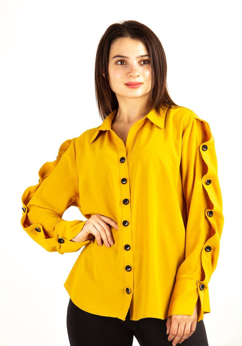 Button Sleeve Detail Womens Big Size Shirt - Mustard - Wholesale Womens  Clothing Vendors For Boutiques