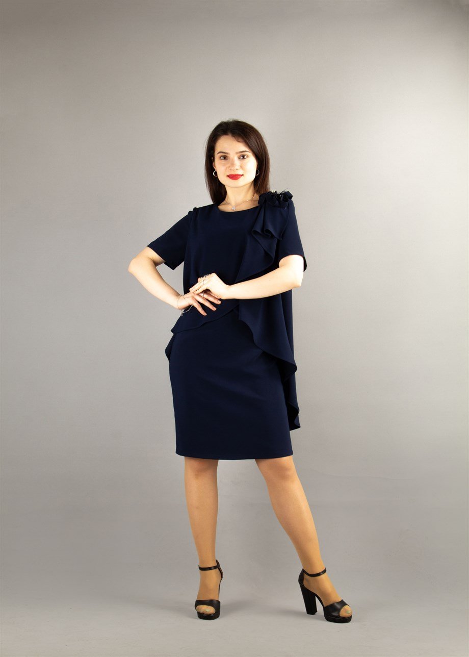 Cape Detail Dress With Flower Brooch - Navy Blue - Wholesale