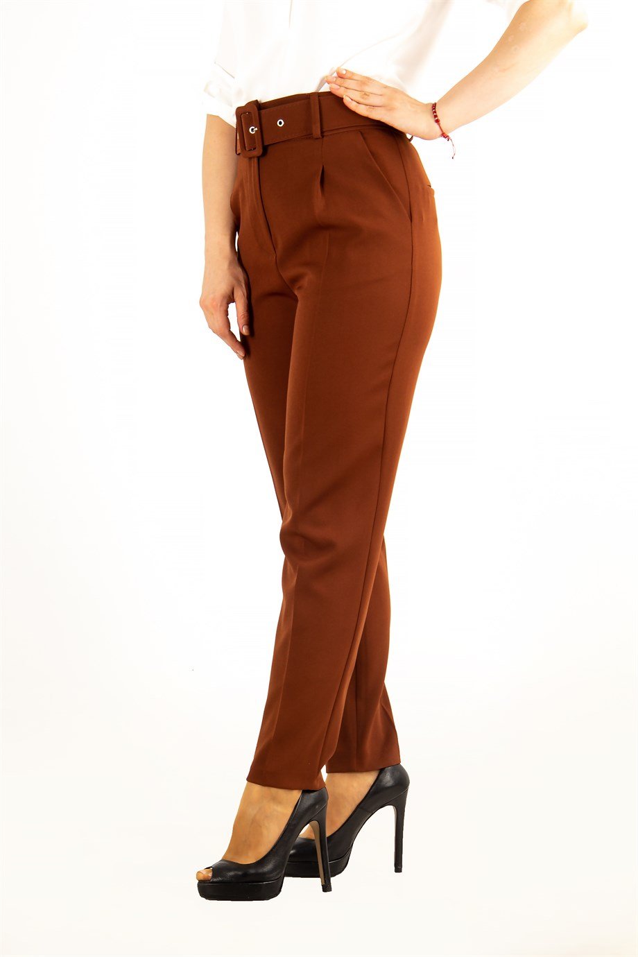 Casual Formal Office Trousers For Ladies Pants With Matching Belt - Brick  Red - Wholesale Womens Clothing Vendors For Boutiques