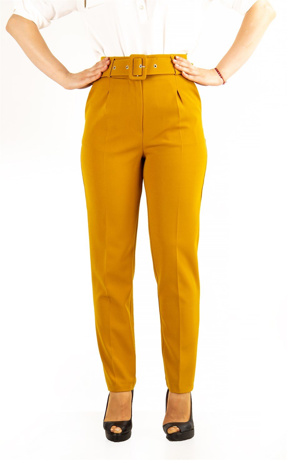 Casual Formal Office Trousers For Ladies Pants With Matching Belt - Mustard  - Wholesale Womens Clothing Vendors For Boutiques