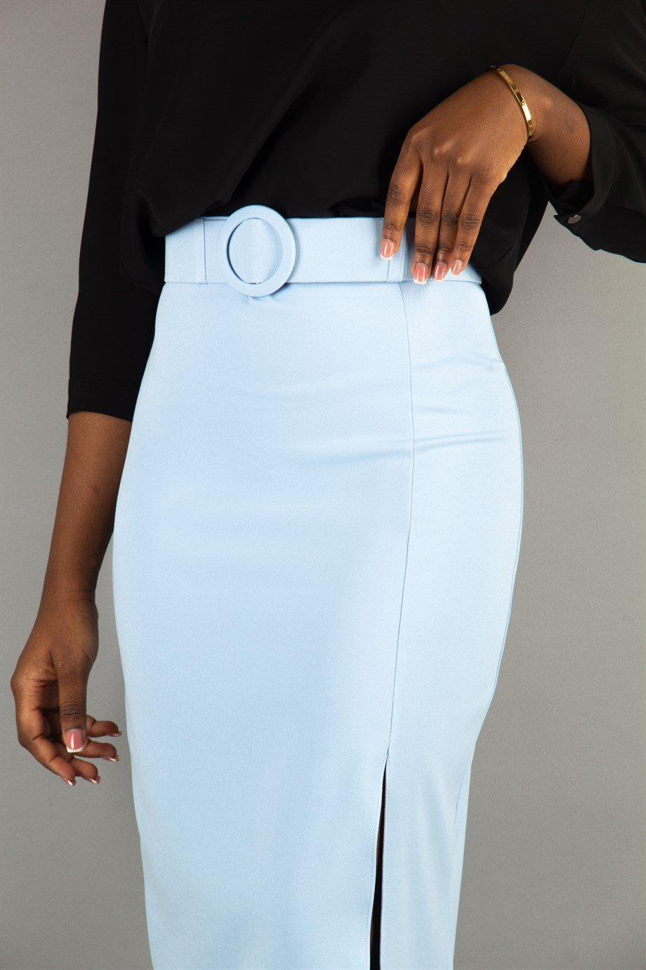 Classic Skirt Side Slit With Matching Belt Baby Blue Wholesale Womens Clothing Vendors For Boutiques