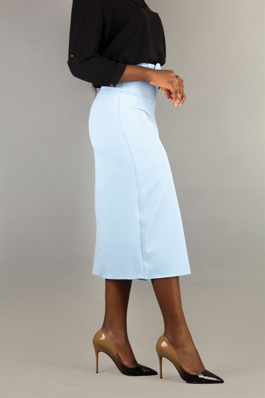 Jupe Classique Fente Laterale Avec Ceinture Assortie Bleu Bebe Vannes