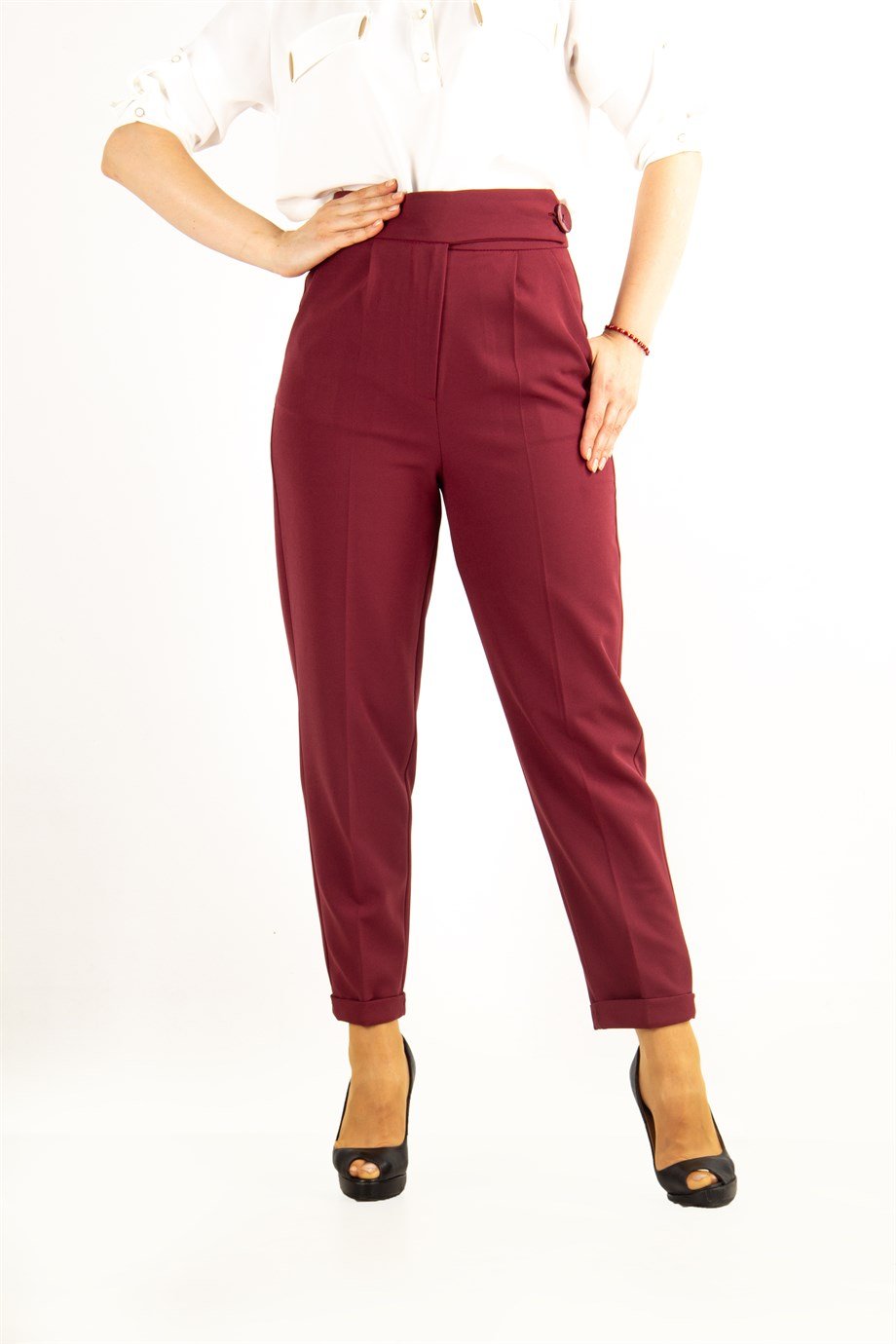Classic Trouser With Folded Hem Side Button - Claret Red - Wholesale Womens  Clothing Vendors For Boutiques
