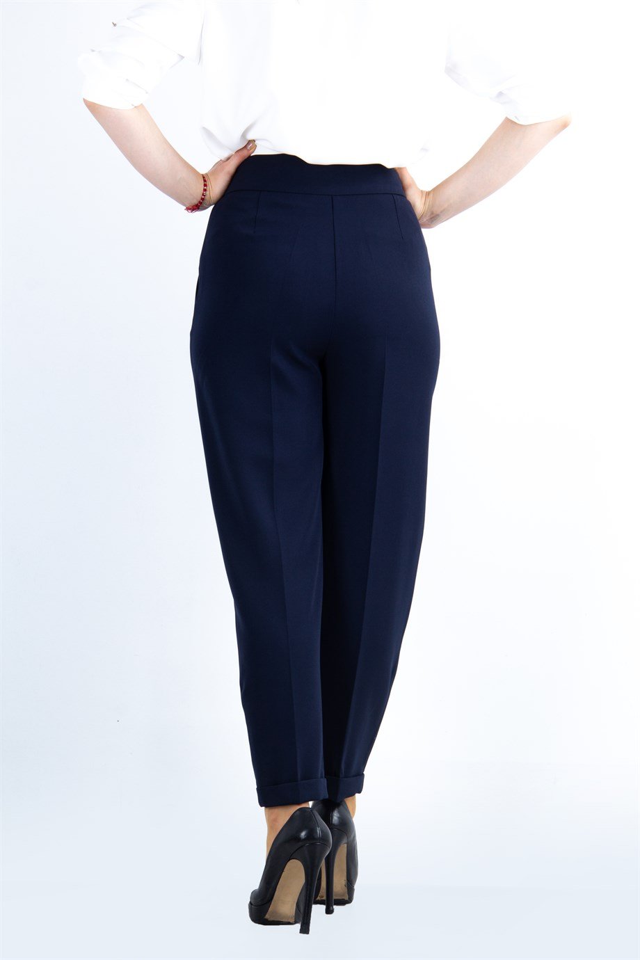 Classic Trouser With Folded Hem Side Button Navy Blue