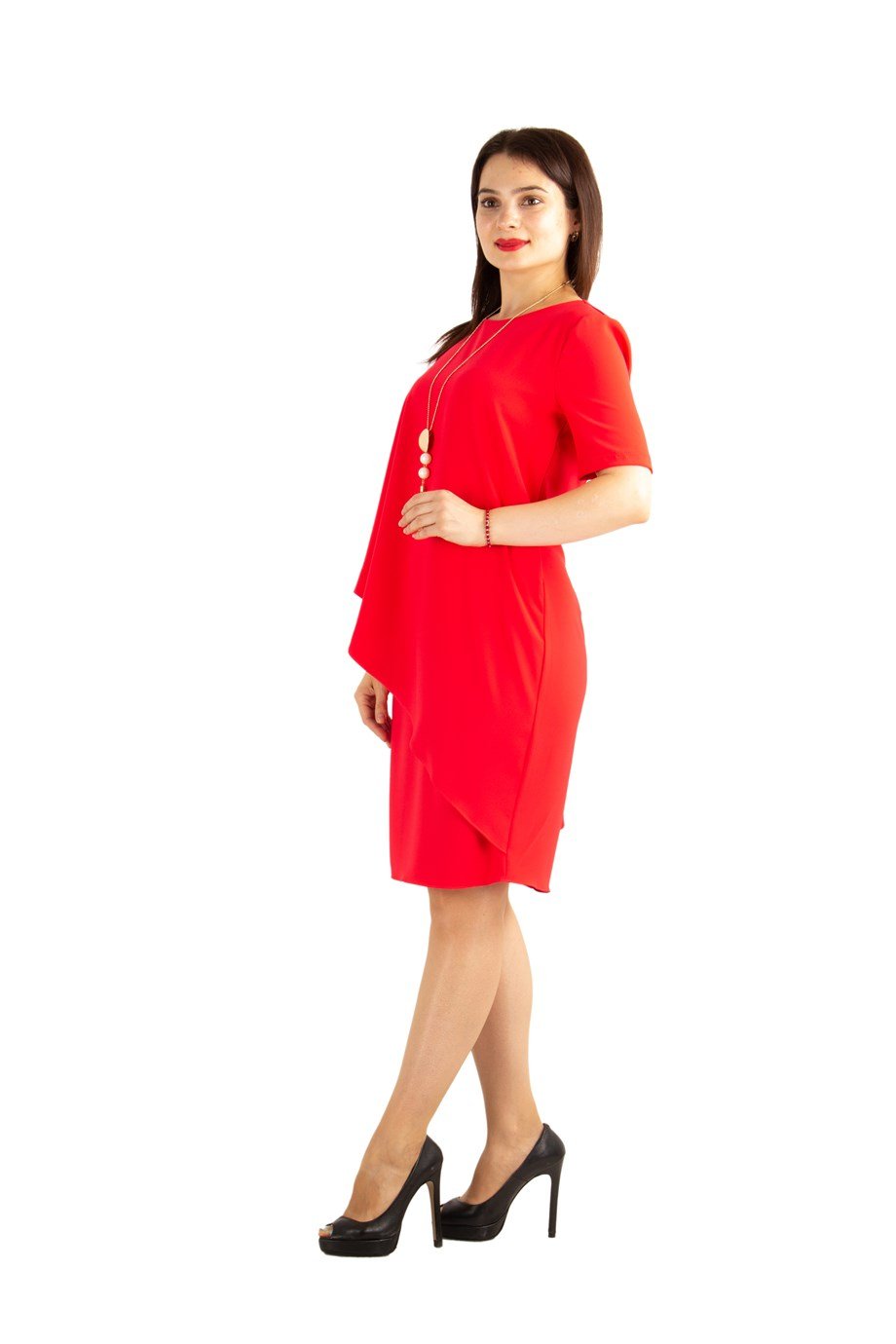 Cloak Cape Short Sleeve Elegant Bİg Size Dress - Red - Wholesale