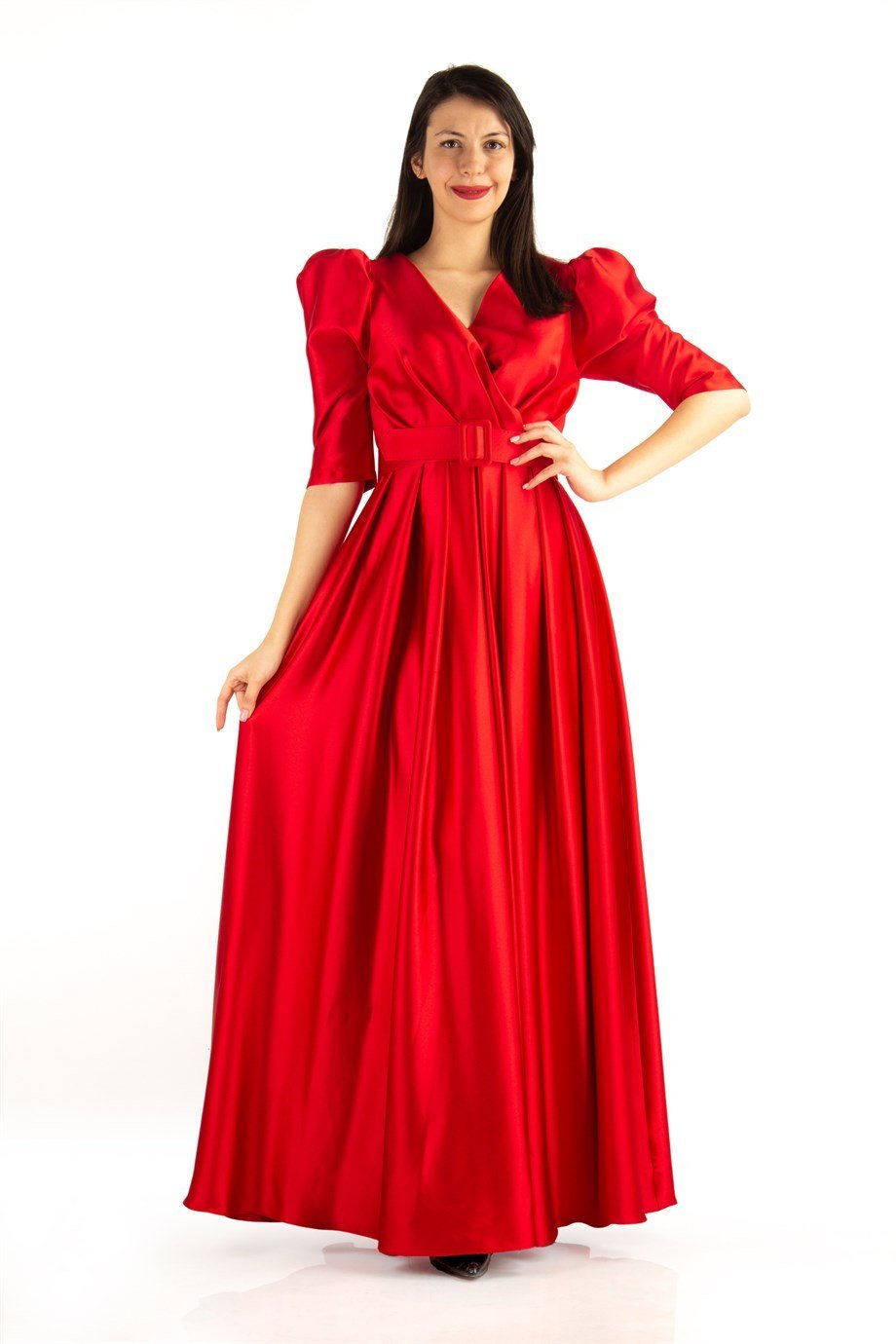 فستان طويل واسع بياقة V وأكمام منفوخة مع حزام - أحمر
