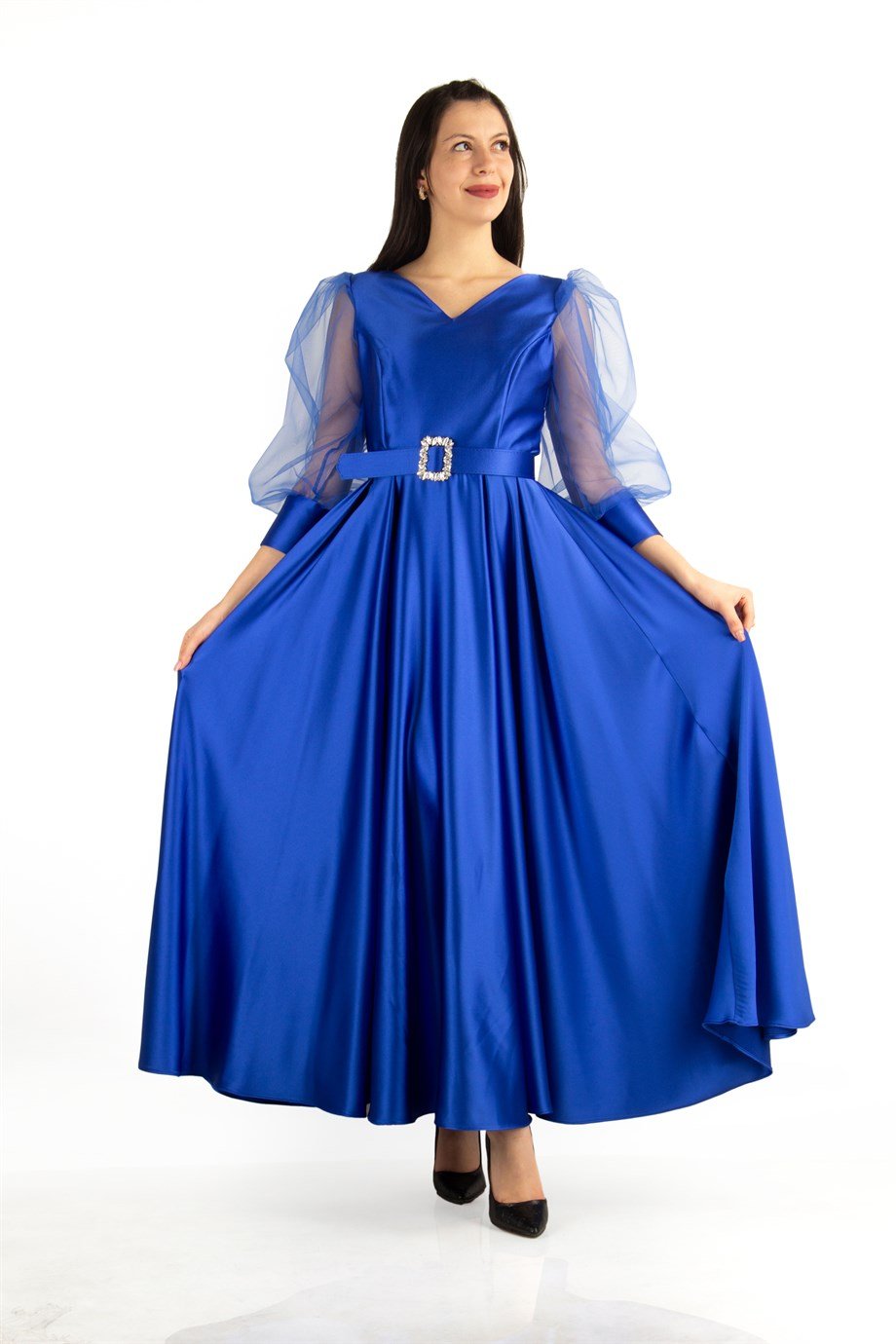 فستان طويل واسع بياقة على شكل V وأكمام منفوخة من التول مع حزام - ساكس