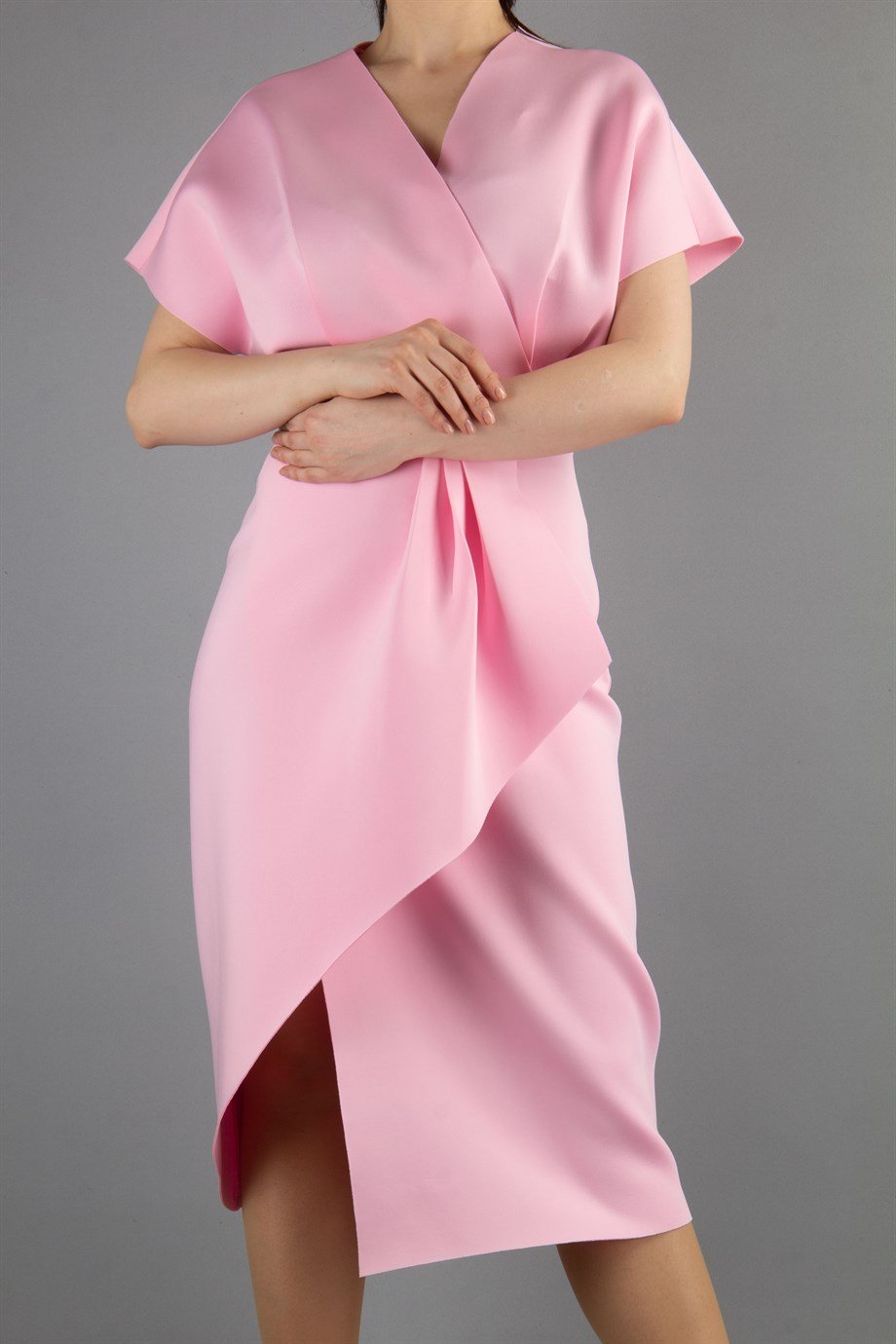 Frilled Drape Scuba Dress - Pink - Wholesale Womens Clothing