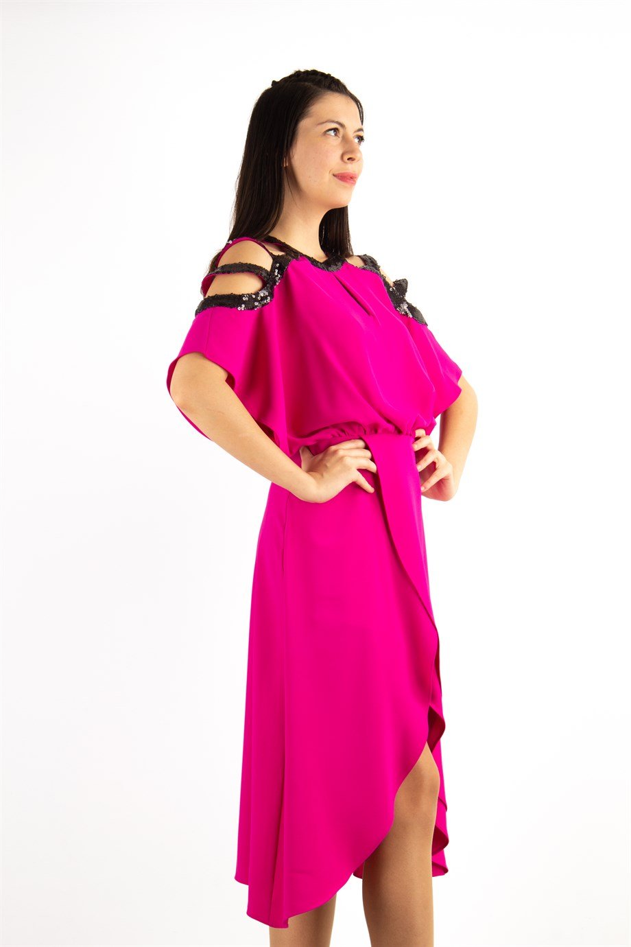 Fuchsia cold cheap shoulder dress