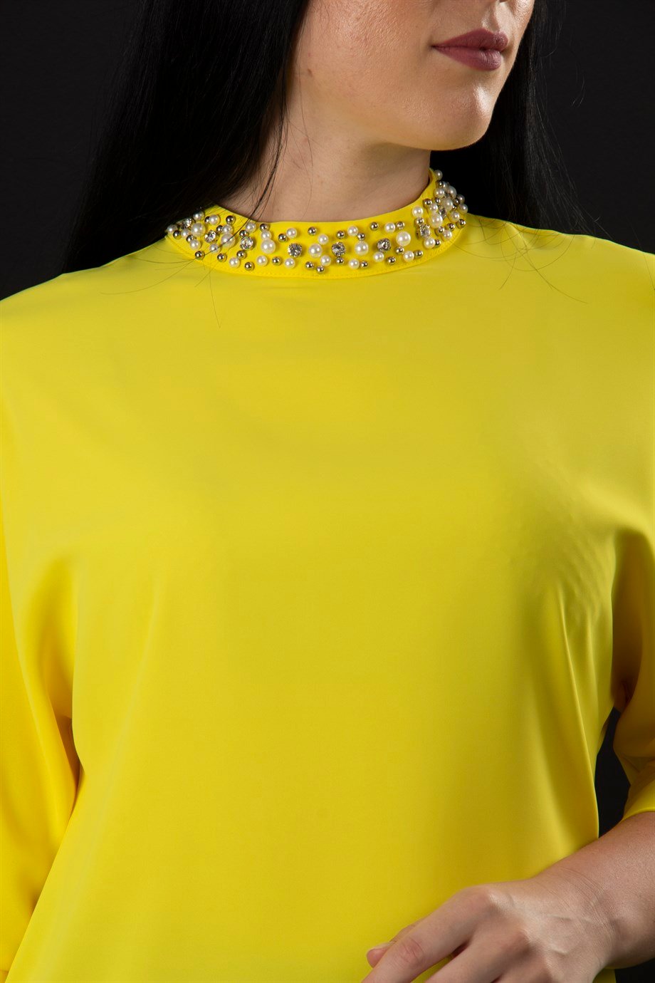 High Collar Stoned Neck Big Size Blouse Yellow Wholesale Womens Clothing Vendors For Boutiques