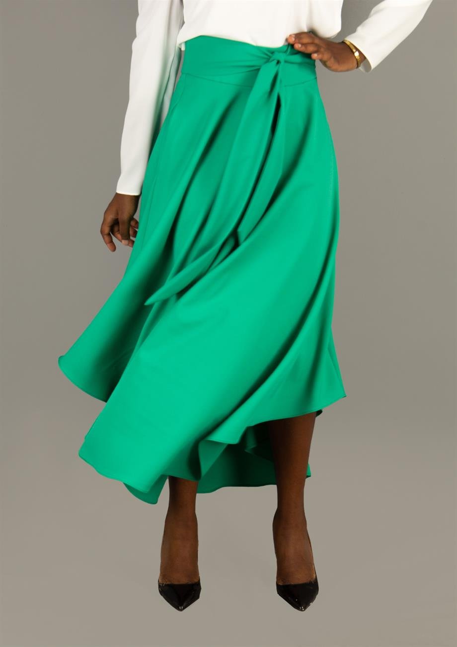 High Waist Flared Asymmetric Skirt With Belt - Grass Green