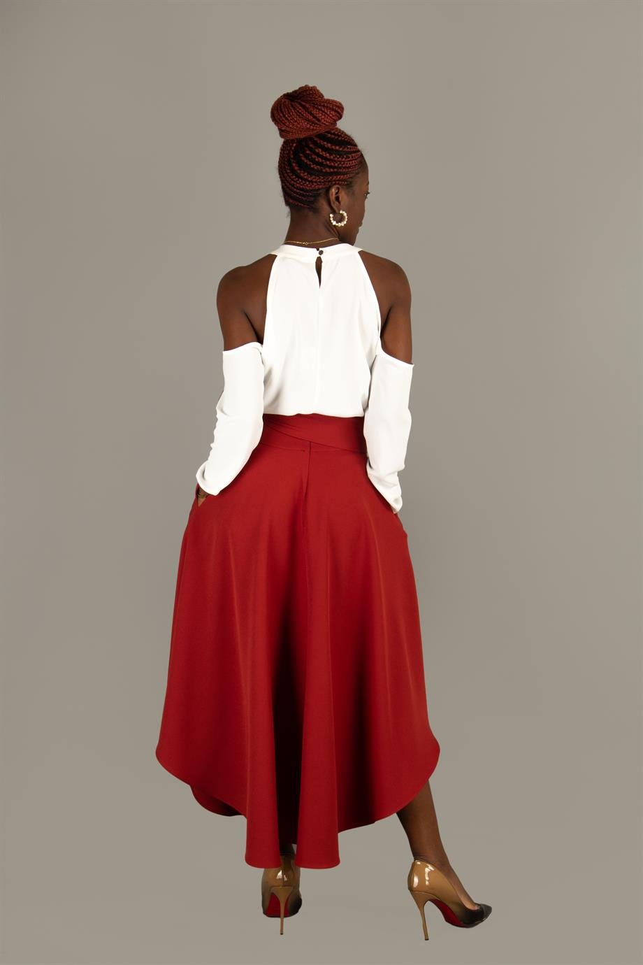 High Waist Flared Asymmetric Skirt With Belt - Sienna Brown