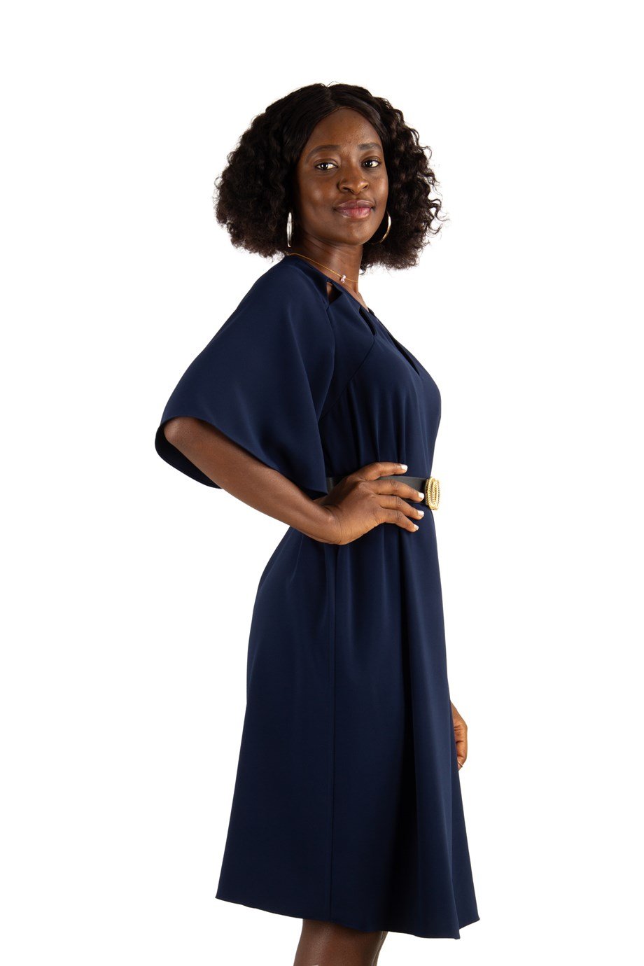 Key Hole Neck Bell Sleeve Dress Navy Blue Wholesale Womens