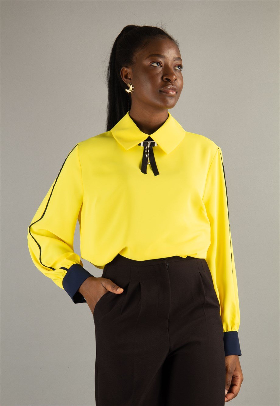 Long Sleeve Brooch Detailed Collar Big Size Blouse - Yellow
