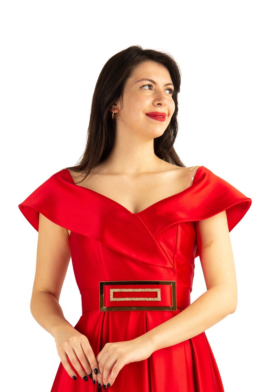 فستان ستان بحزام مكشوف الأكتاف - أحمر