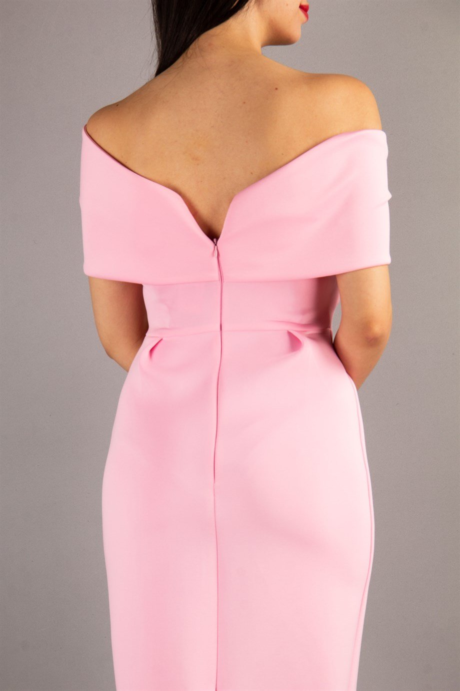 Off Shoulder Pencil Scuba Dress - Pink