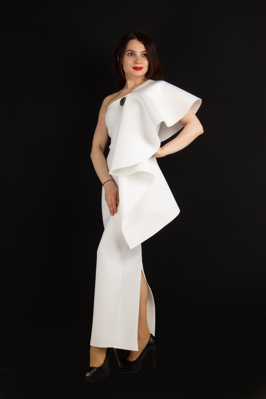 One Shoulder Draped Scuba Maxi Dress With Brooch Detail White