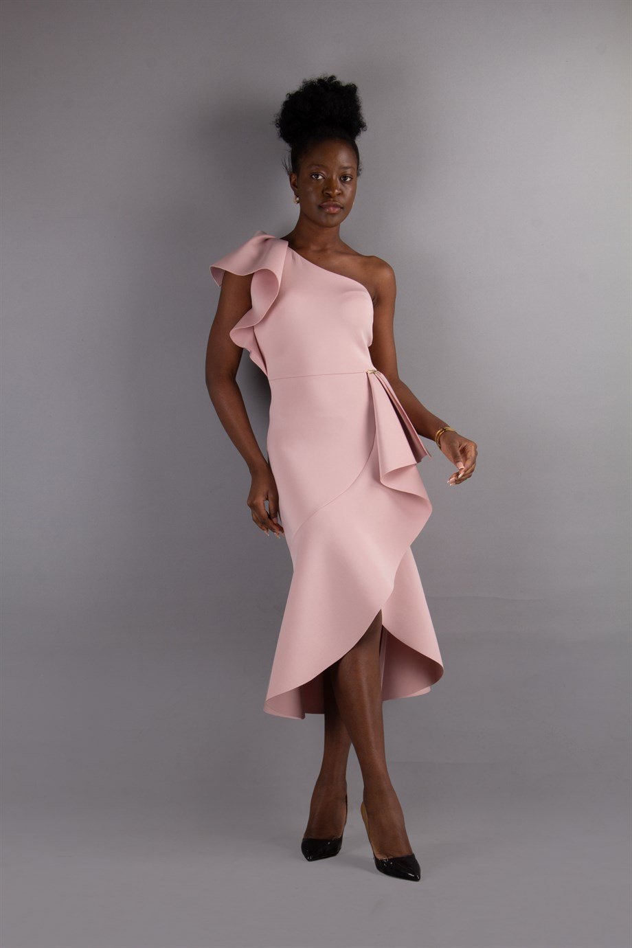 One Shoulder Frill Asymmetric Scuba Dress Powder