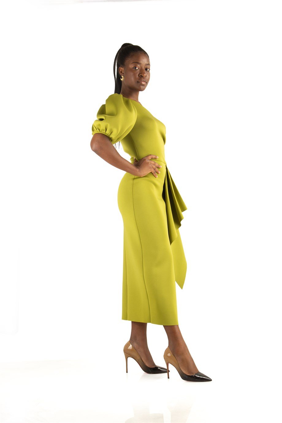 One Shoulder Puff Sleeve Scuba Dress - Khaki - Wholesale Womens