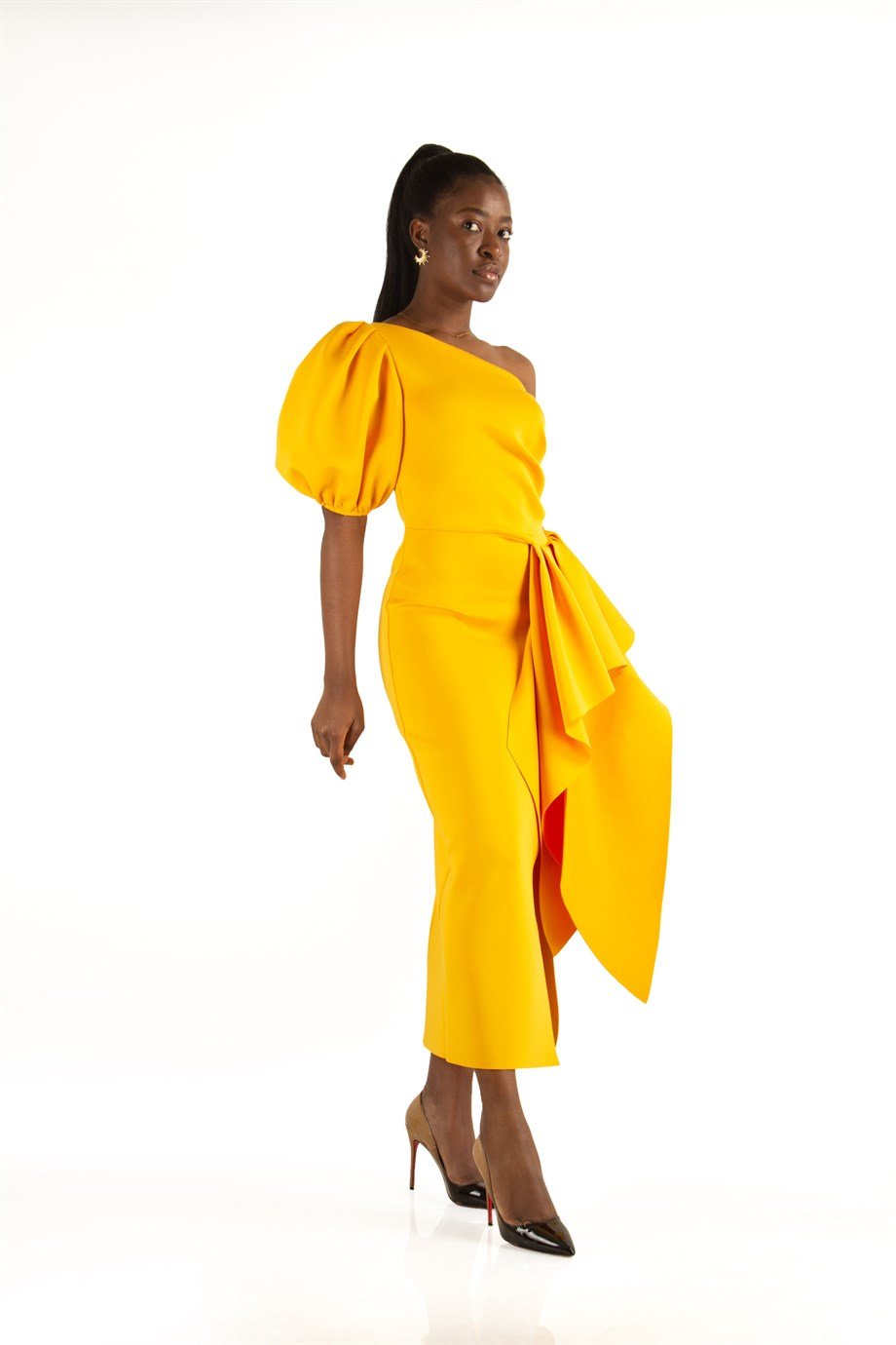 One shoulder hot sale mustard dress