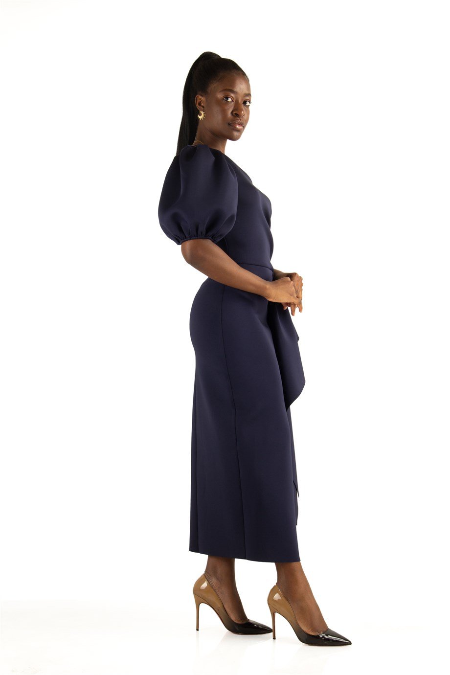 One Shoulder Puff Sleeve Scuba Dress - Navy Blue - Wholesale