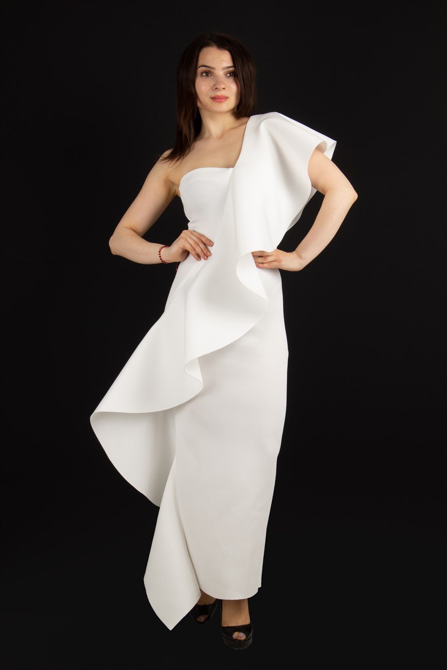 One Shoulder Ruffle Maxi Scuba Dress - White - Wholesale Womens