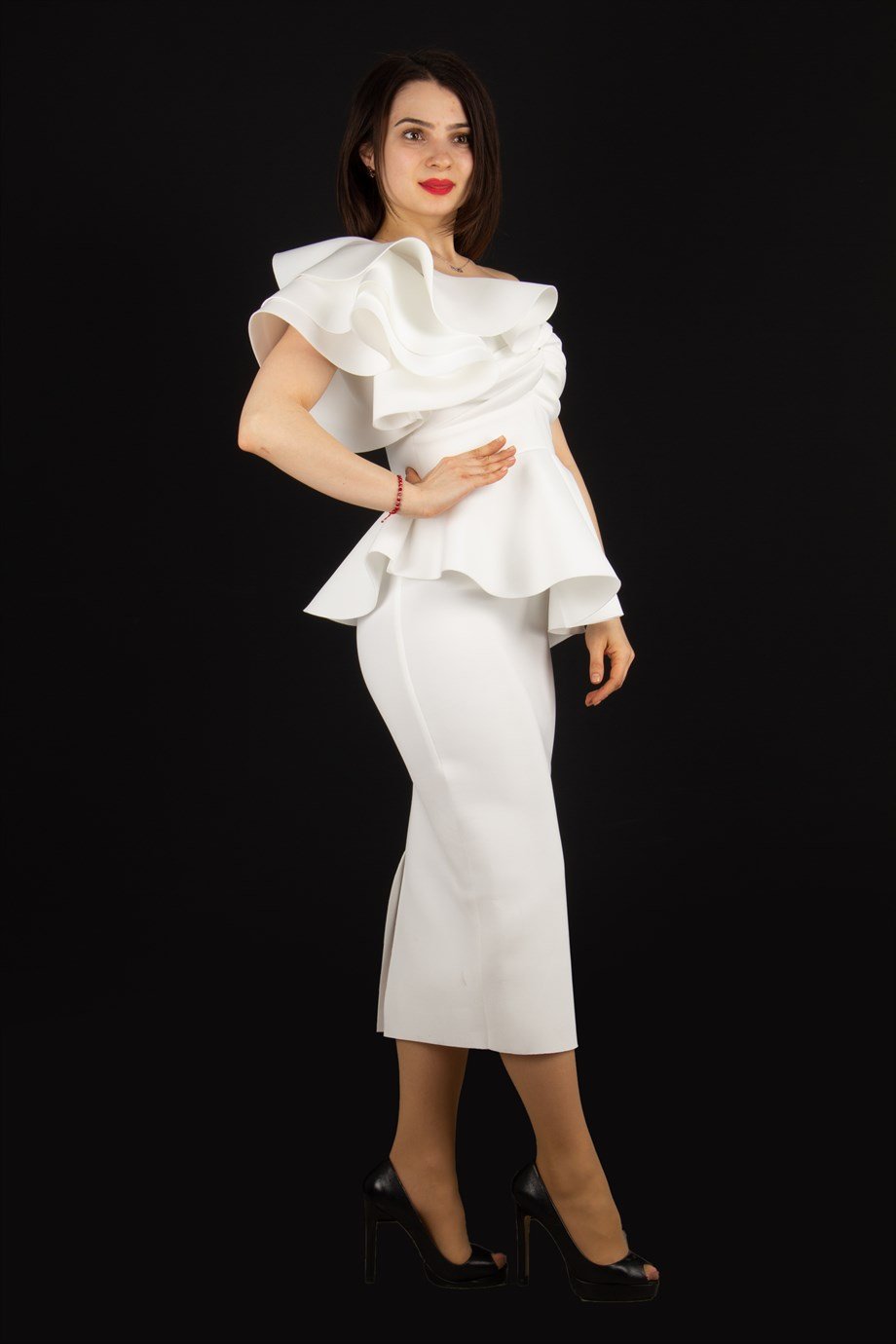 One Shoulder Ruffle Peplum Scuba Dress - White - Wholesale Womens