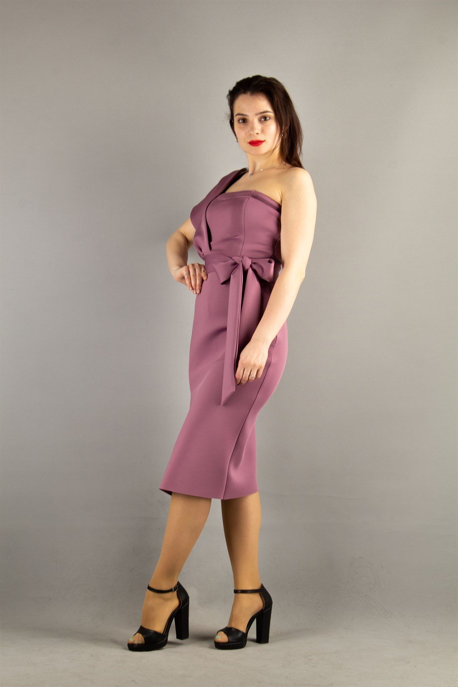 One Shoulder Scuba Dress With Matched Belt - Rusty Rose