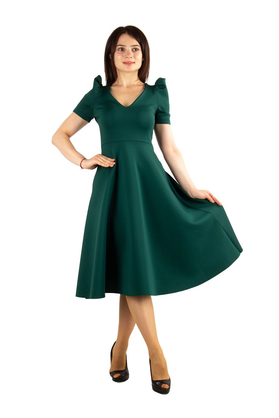 Puff Sleeve V Neck Scuba Dress Emerald Green Wholesale Womens Clothing Vendors For Boutiques