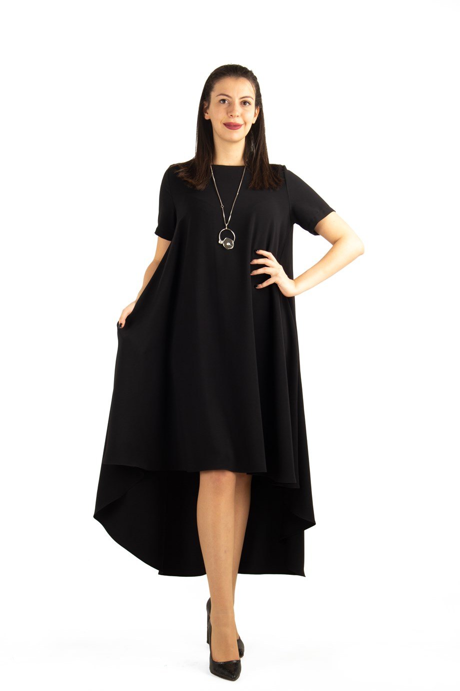 Short Sleeve High-Low Hem Big Size Dress - Black - فساتين قياسات كبيرة -  Vannes
