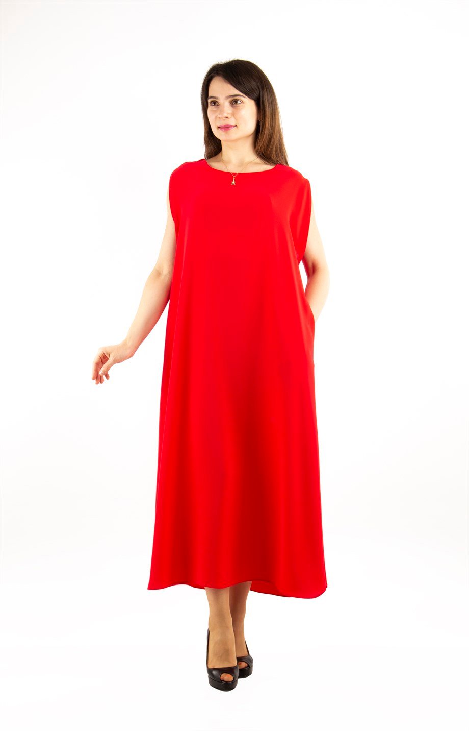 Sleeveless Long Big Size Dress With Belt - Red - Wholesale Womens Clothing  Vendors For Boutiques