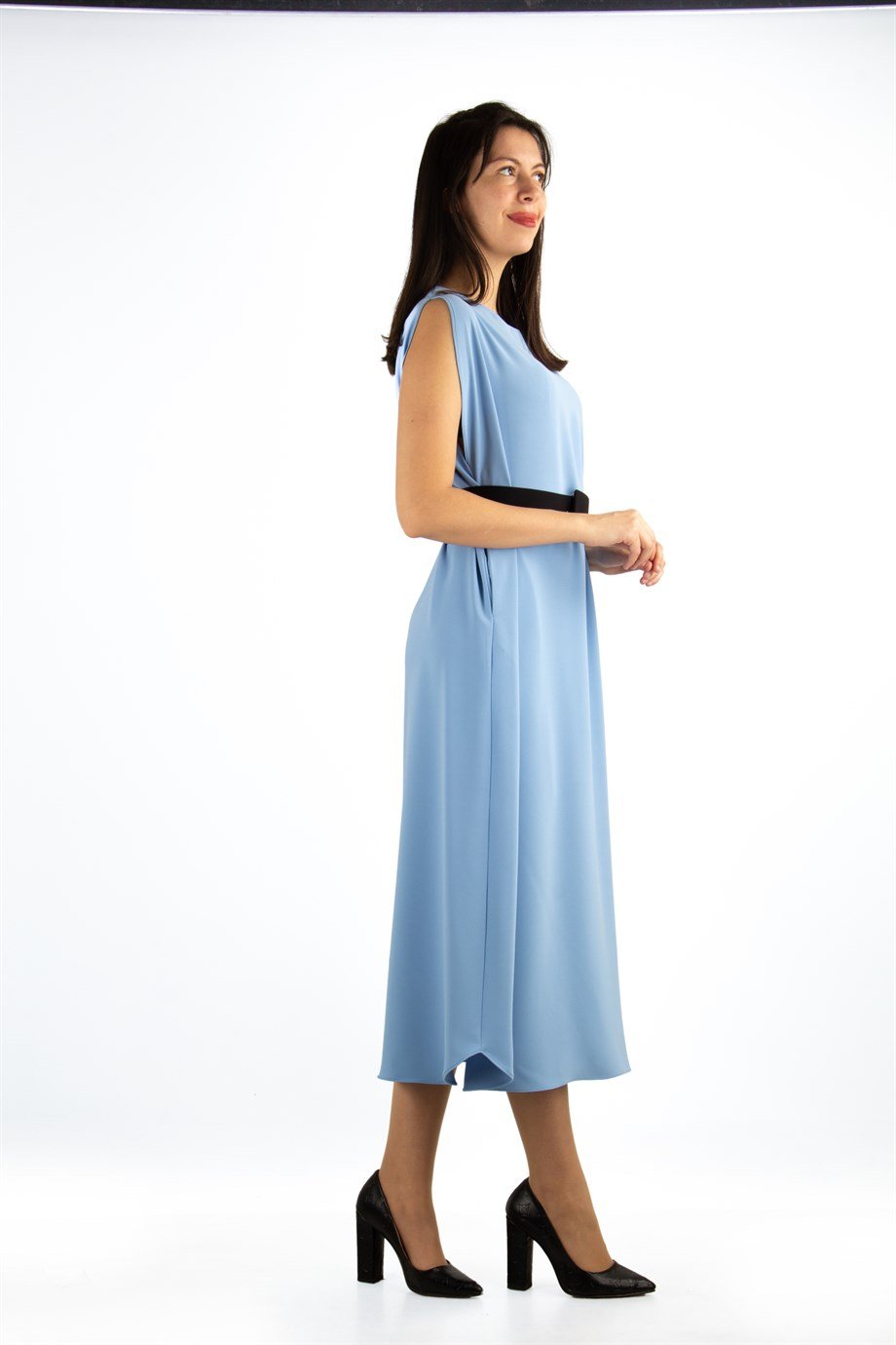 Sleeveless Long Big Size Dress With Belt - Baby Blue - Wholesale Womens  Clothing Vendors For Boutiques