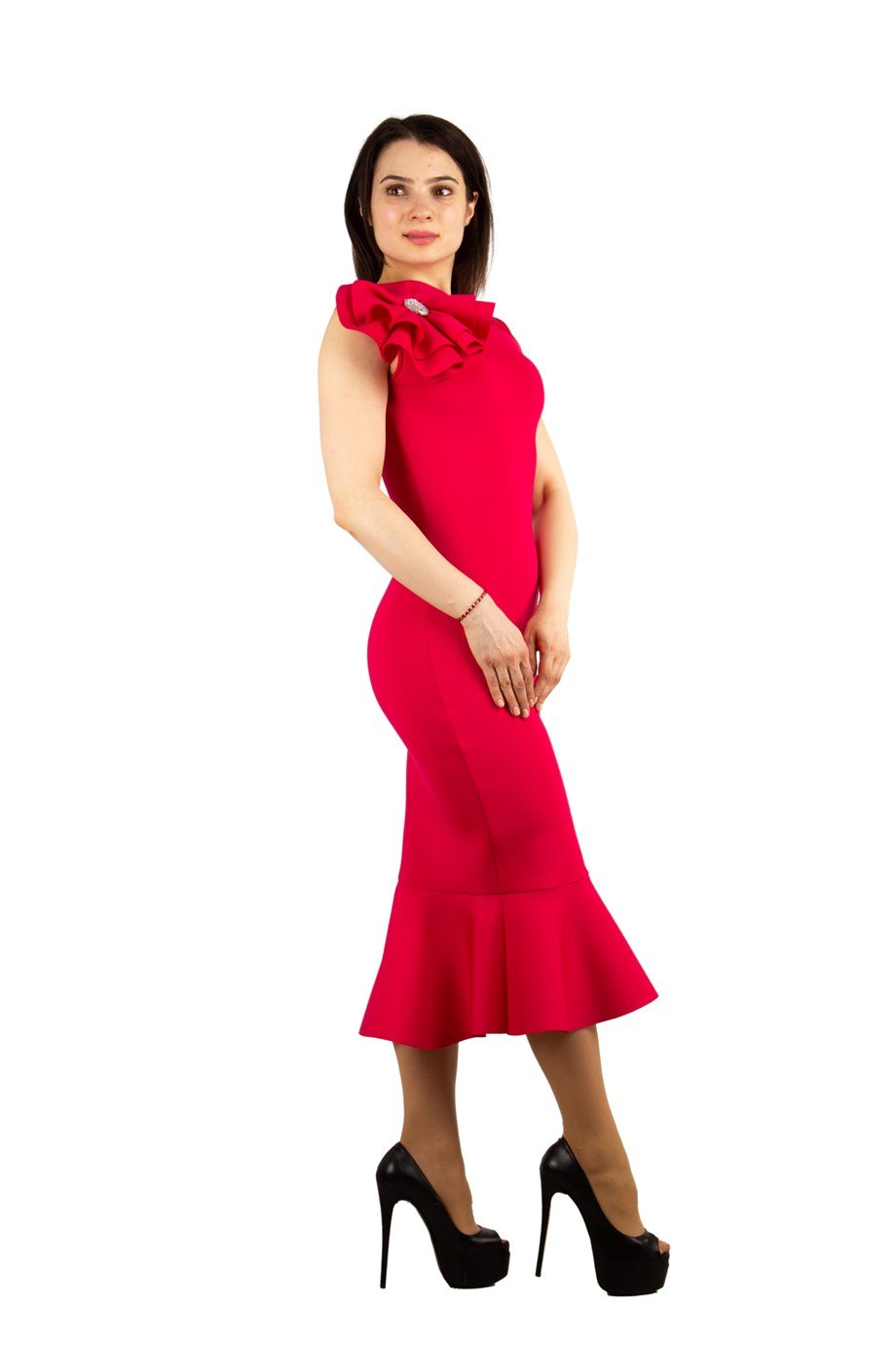 Sleeveless Scuba Dress With Flower Brooch - Pink - Wholesale