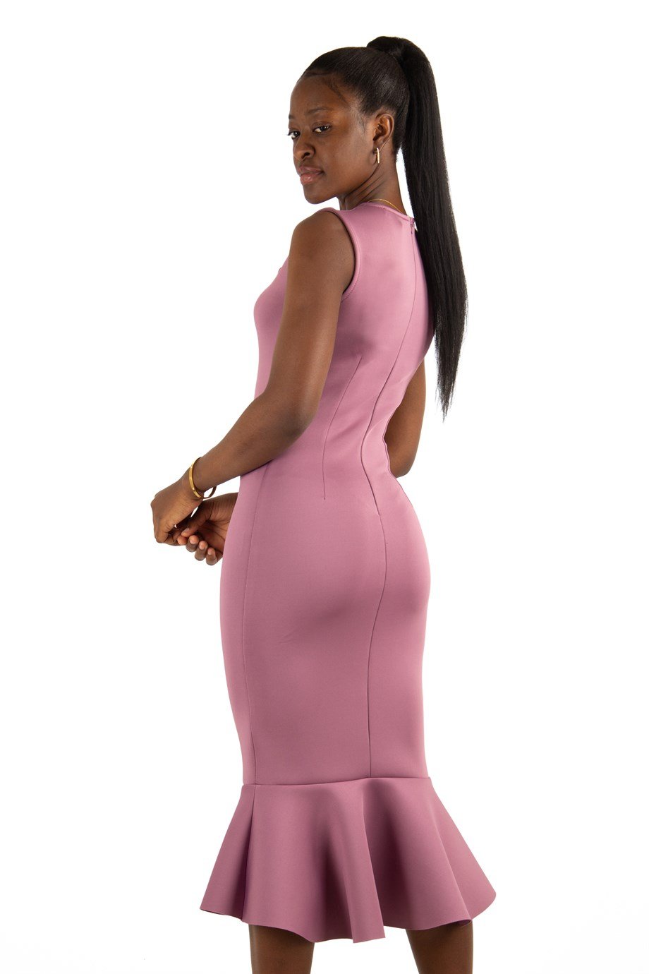 Sleeveless Scuba Dress With Flower Brooch - Pink - Wholesale