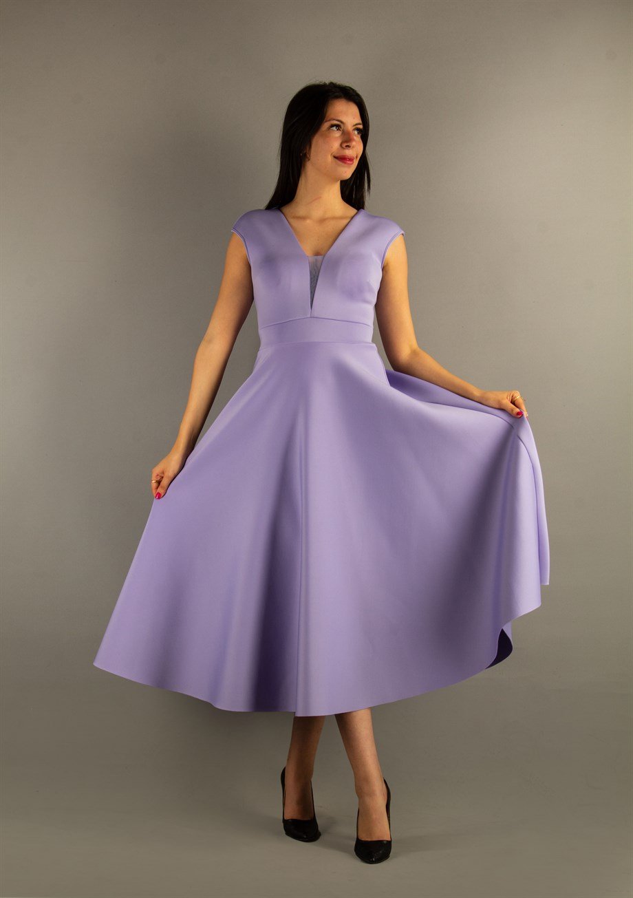 Sleeveless V-Neck Flare Scuba Dress - Lilac