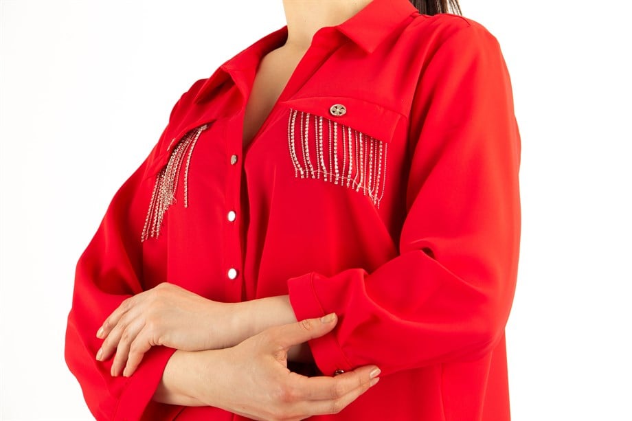 Button Sleeve Detail Womens Big Size Shirt - Red - Wholesale