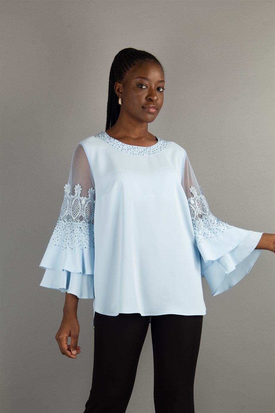 Stoned Tulle Detailed Bell Sleeve Big Size Blouse - Baby Blue