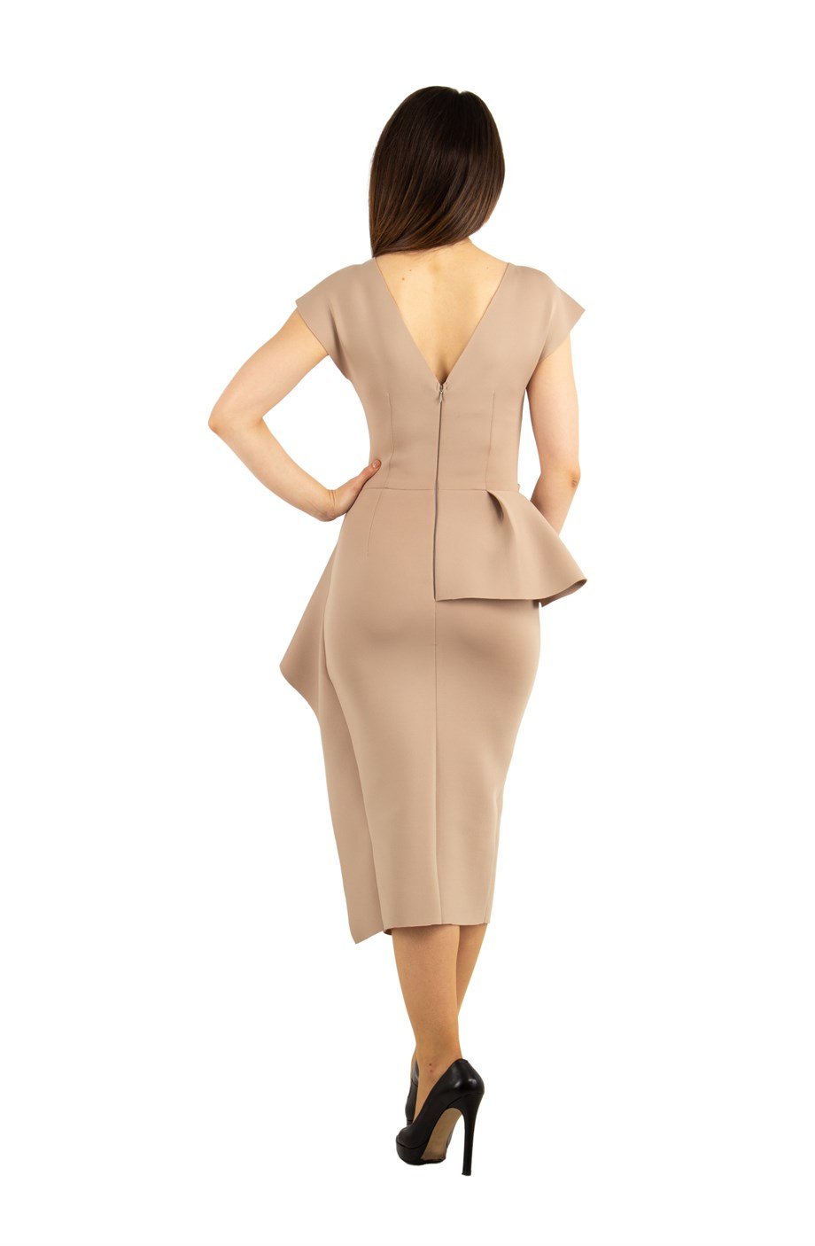 Waist Twisted Peplum Scuba Big Size Dress Beige Wholesale Womens Clothing Vendors For Boutiques