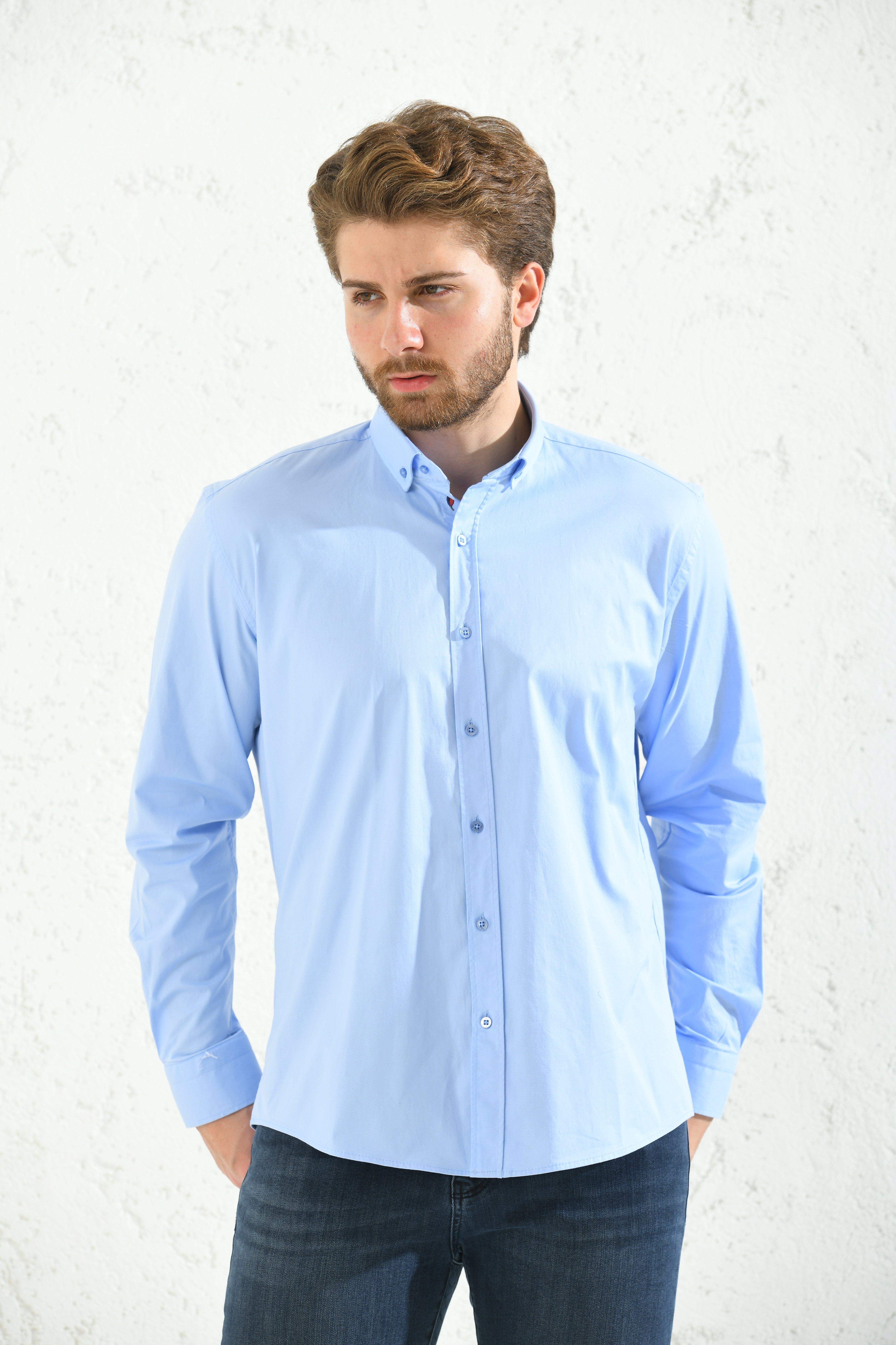 Slim Fit Uzun Kol Yıkamalı Gabardin Hediye Kutulu Erkek Gömlek FS-001364 - Mavi