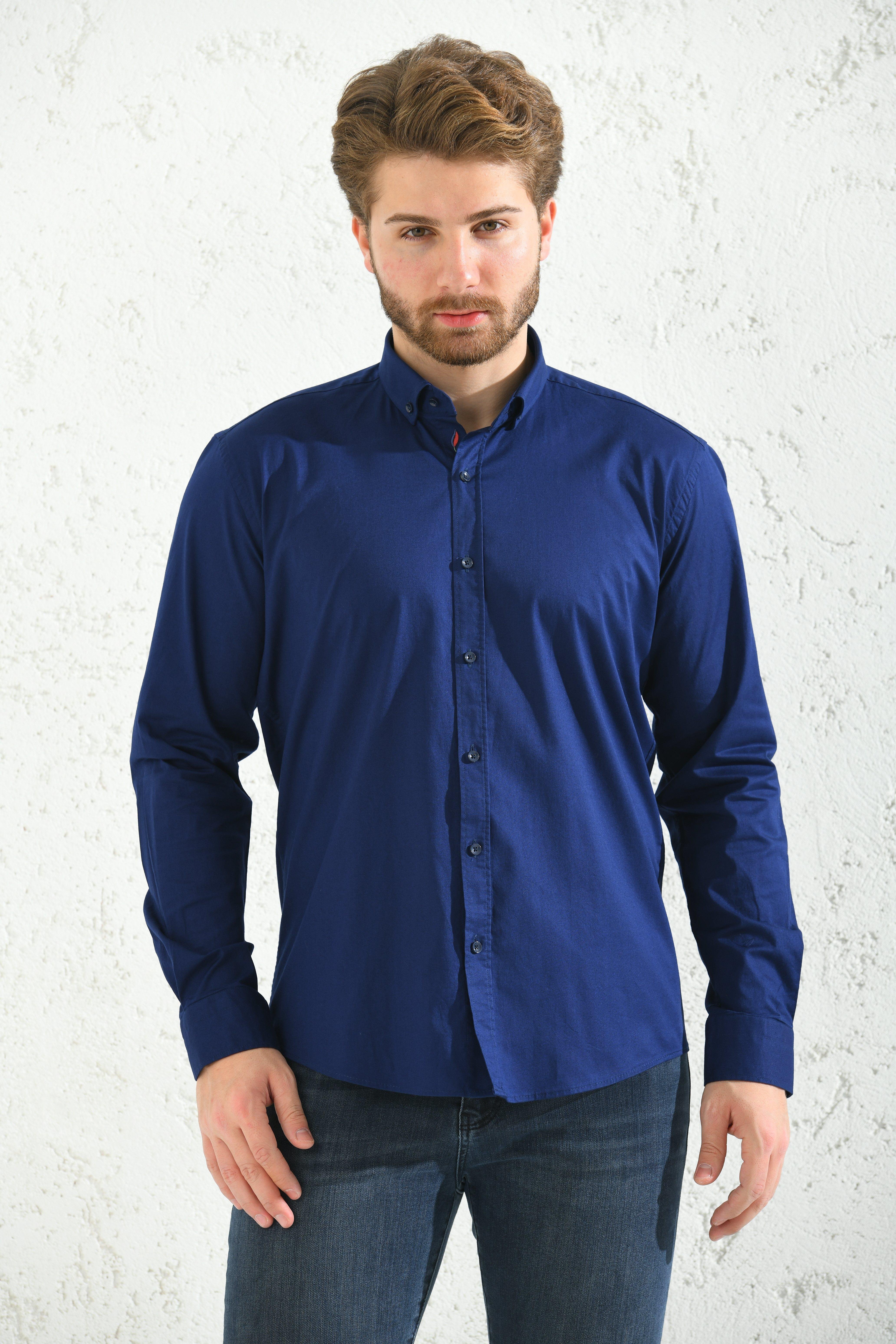 Slim Fit Uzun Kol Yıkamalı Gabardin Hediye Kutulu Erkek Gömlek FS-001364 - Lacivert