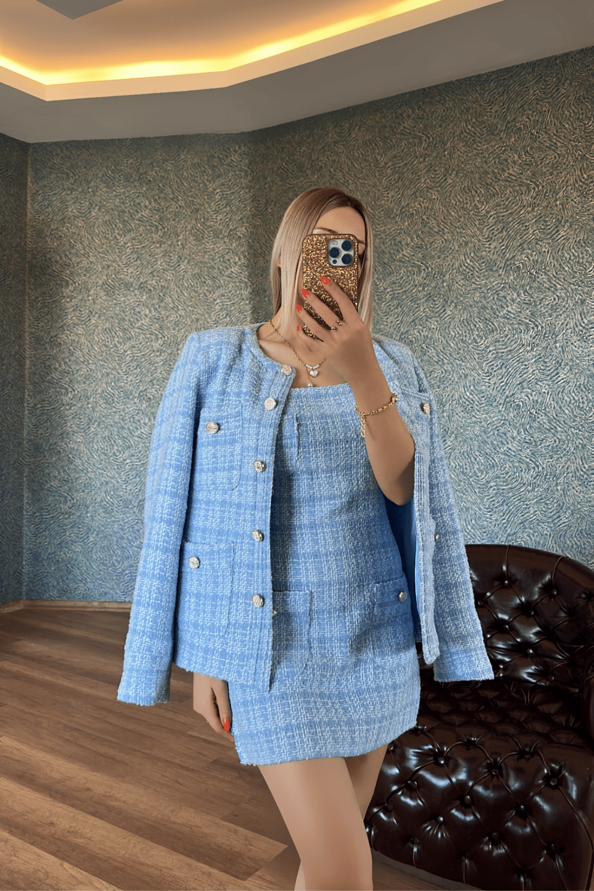 Mavi Ceket Elbise Tüvit Takım