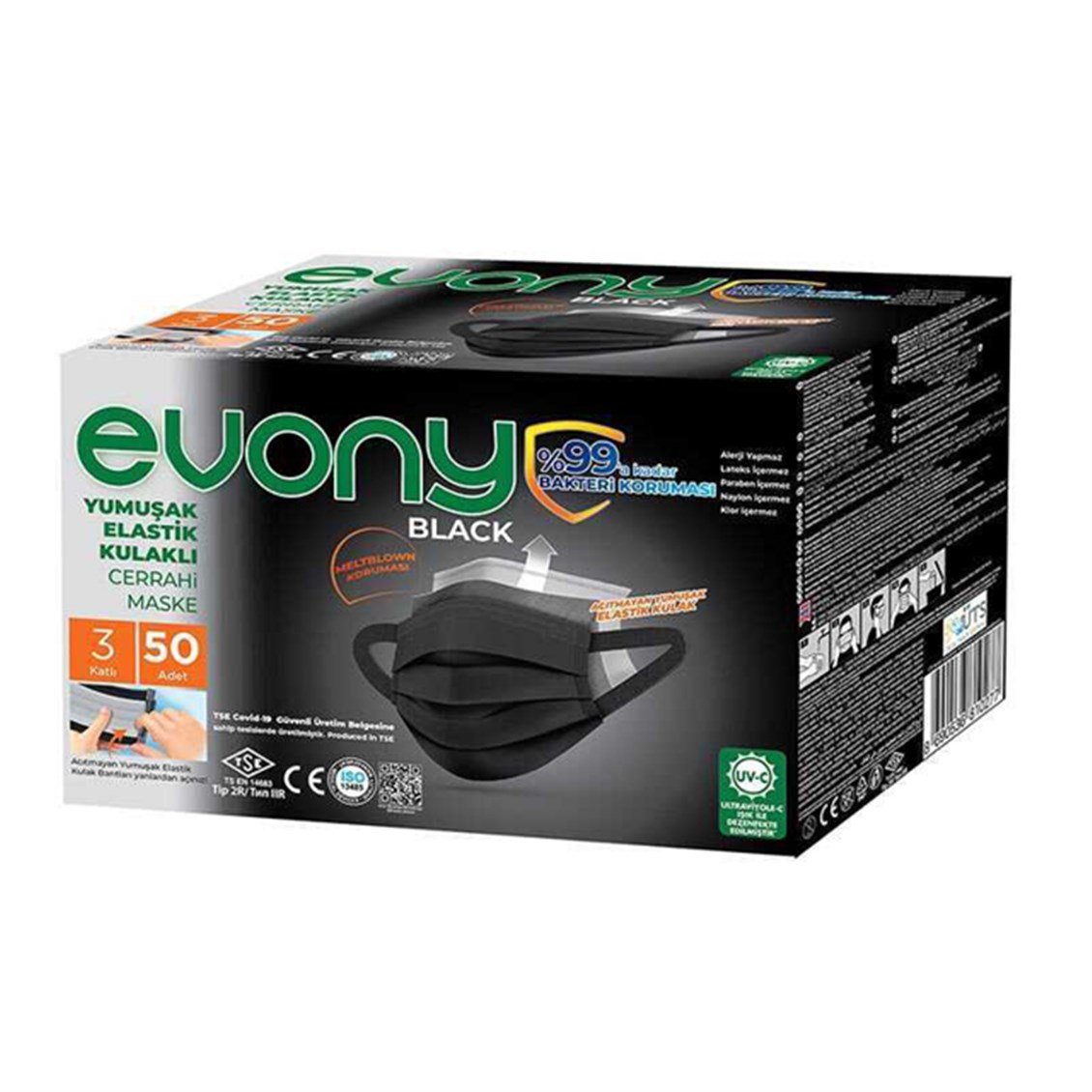 Evony Black 3 Katlı Yumuşak Elastik Kulaklı Siyah 50'li Cerrahi Maske -  Onur Market