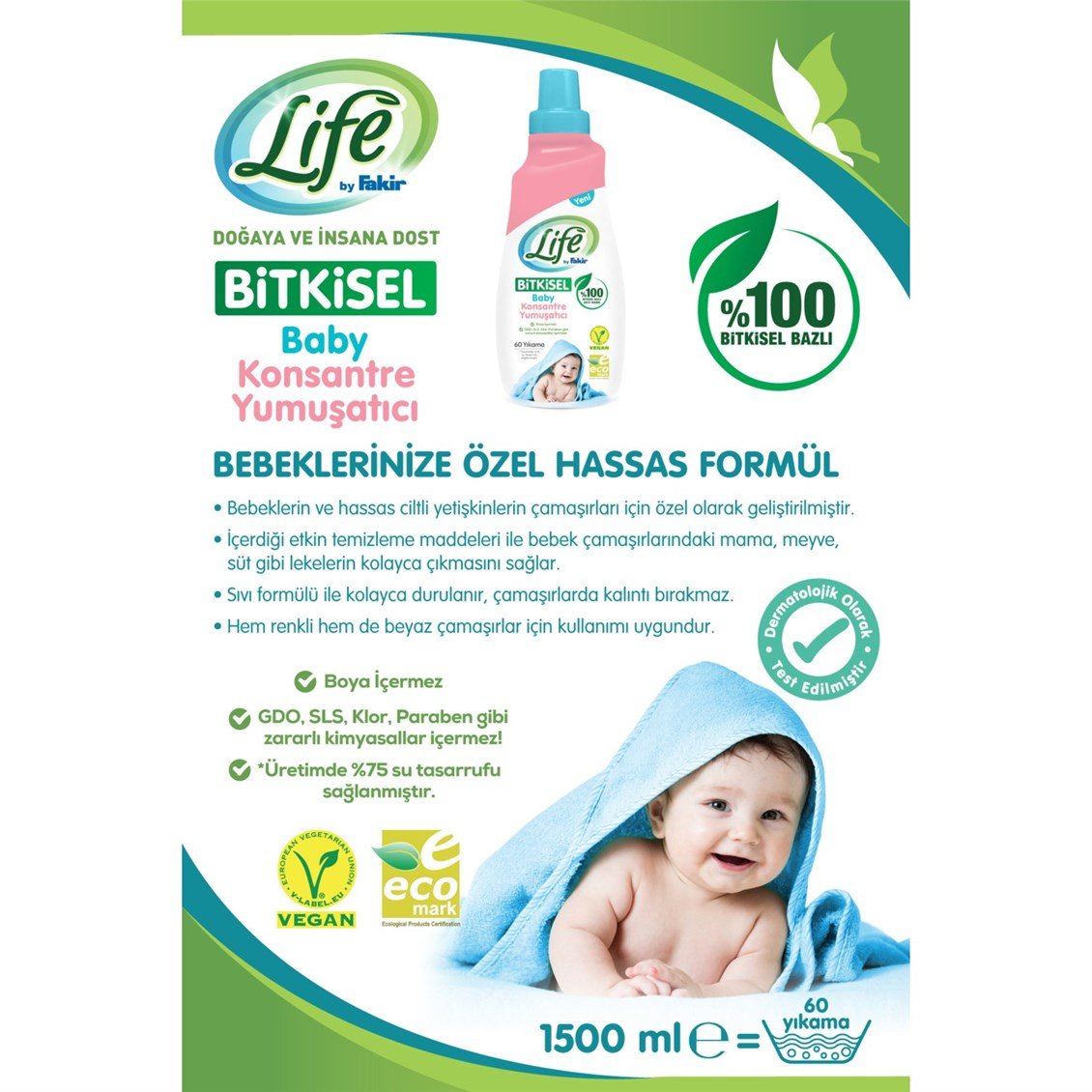 Life by Fakir %100 Bitkisel Bazlı Konsantre Bebek Çamaşır Yumuşatıcısı 1500  ml - Onur Market
