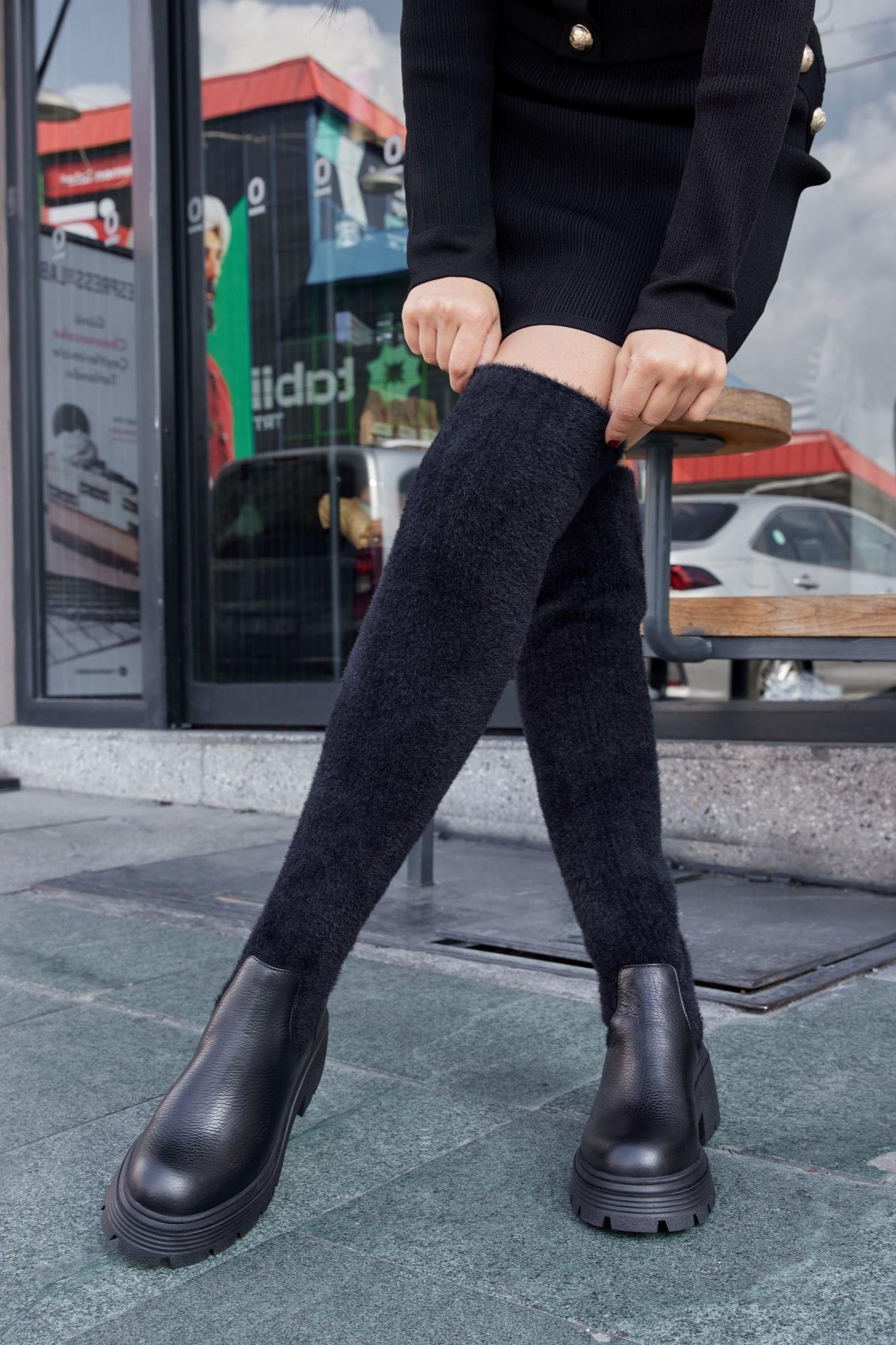 Nilufarr Stela Siyah Hakiki Deri Diz Üstü Topuklu Çorap Çizme